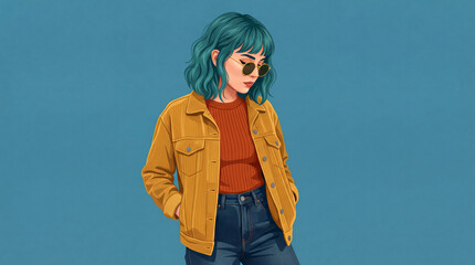 Fashionable young woman with teal hair wearing mustard corduroy jacket and sunglasses vector illustration