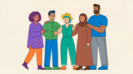Diverse group of multicultural friends standing together embracing representing unity and inclusion vector illustration