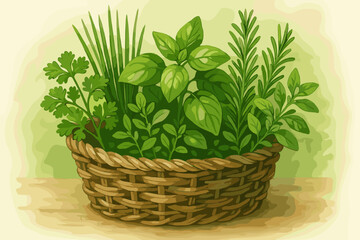 Naklejka premium Rustic Herb Basket. Fresh garden herbs vector illustration in a rustic woven basket, vibrant green tones, soft natural lighting,