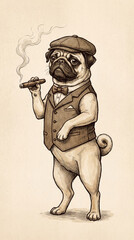 Anthropomorphic Pug Dog Dressed as a Vintage Gentleman Smoking a Cigar Hand Drawn Illustration
