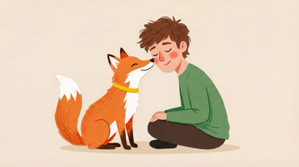 Heartwarming illustration of a young boy and a red fox touching noses in a gesture of friendship and trust
