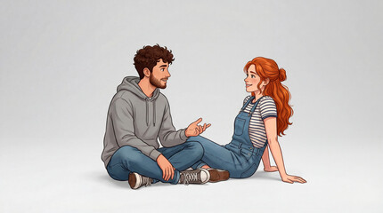 Young man and woman sitting on floor talking: Illustration of friends chatting, listening and communicating isolated on white