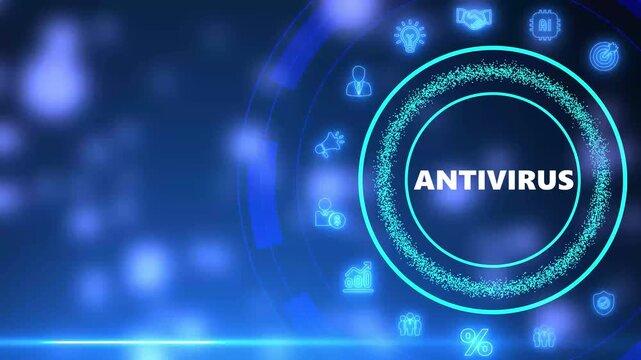 Digital cyber security concept with glowing icons and the word ANTIVIRUS in a circular interface on a dark blue background