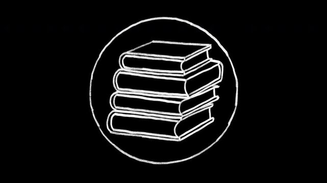 4K hand drawn chalkboard animation of stack of books with alpha channel
