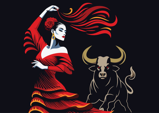 Girl Carmen dancing flamenco against backdrop of angry bull, vector illustration