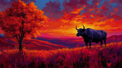 Naklejka premium Majestic black bull standing on vibrant, fiery hill at sunset next to intense orange autumnal tree, rendered in striking impasto oil painting style.