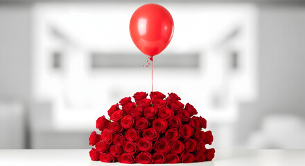 A pyramid of red roses with a floating red balloon on top
