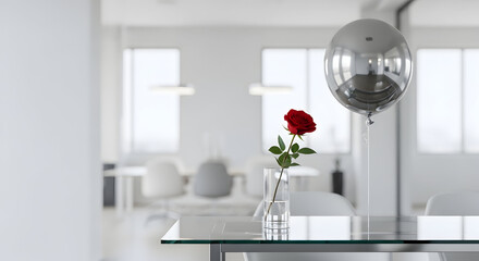 A single red rose in a vase on a table in a bright white room