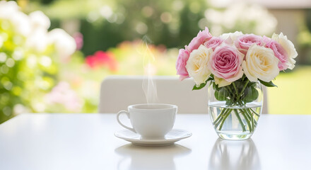 A serene garden setting with a cup of tea and pink roses