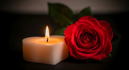 A lit candle and a red rose on a dark background