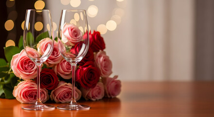Romantic champagne glasses and roses on a wooden table