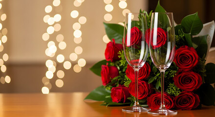 Romantic wedding setup with red roses and champagne glasses
