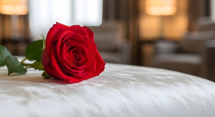A single red rose on a white bed in a blurred hotel room