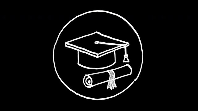 4K hand drawn chalkboard animation of graduation cap and diploma with alpha channel