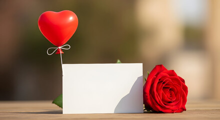 Romantic setup with heart balloon white gift box and red rose