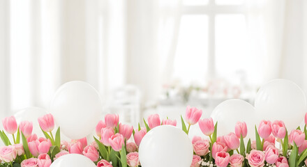 Easter eggs and pink tulips in a bright white room