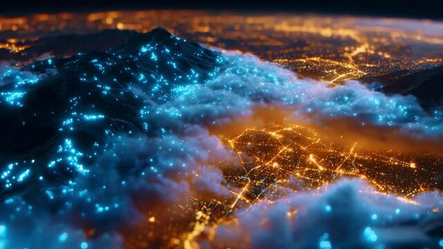 A Stunning Aerial View of a Vibrant Cityscape at Night, Featuring Glimmering Lights Illuminating the Urban Landscape Interspersed with Ethereal Clouds Over Majestic Mountains, Creating a Captivating