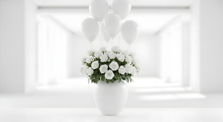 A bouquet of white flowers in a vase on a table by a window