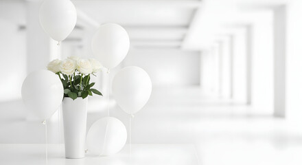 A bouquet of white flowers in a vase on a table in a bright white room