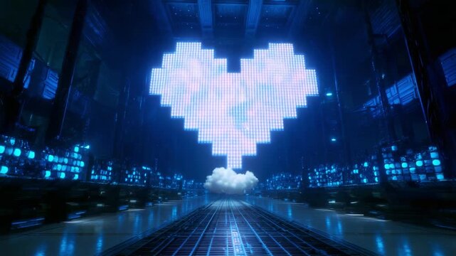 A pixelated heart image created with vivid blue lights and a cloud, set in a futuristic digital environment, embodies emotion and technology, creating a captivating blend of art and innovation.
