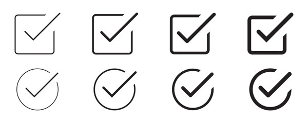 check box icon with correct with different line width. approved symbol. accept checkmark icons green tick box, check list square frame sign.