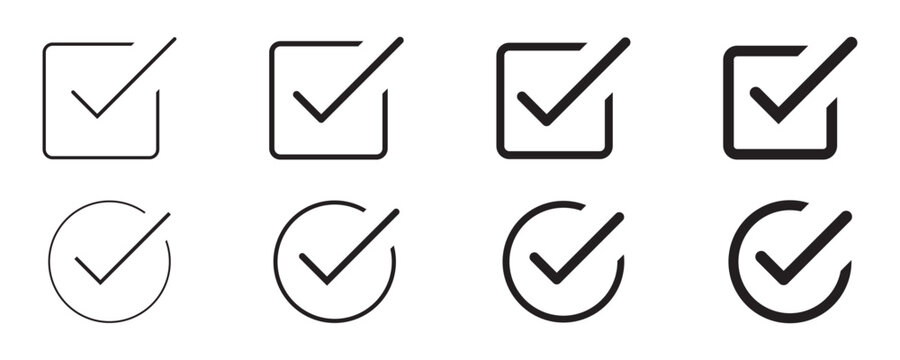 check box icon with correct with different line width. approved symbol. accept checkmark icons green tick box, check list square frame sign.