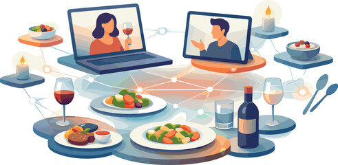 Virtual Dinner Vibes. Abstract digital dinner scene built from floating plates, screens, and glowing connection lines, modern flat