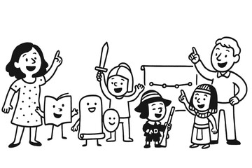 Obraz premium Playful Historical Reenactment. Playful doodle educational reenactment scene with smiling teachers, students in costumes, scrolls