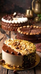 Delicious Assortment of Gourmet Cakes with Nuts and Cream.