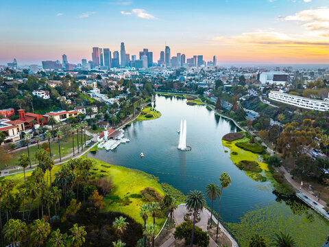 Los Angeles skyscrapers at sunset from Echo Park Lake