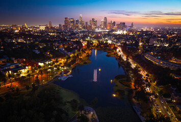 Fototapeta premium Los Angeles skyscrapers at night from Echo Park Lake