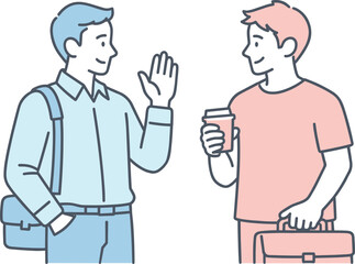 Friendly Work Reunion. Two friends meet after work, standing together and greeting calmly at the end of the day, minimalist flat