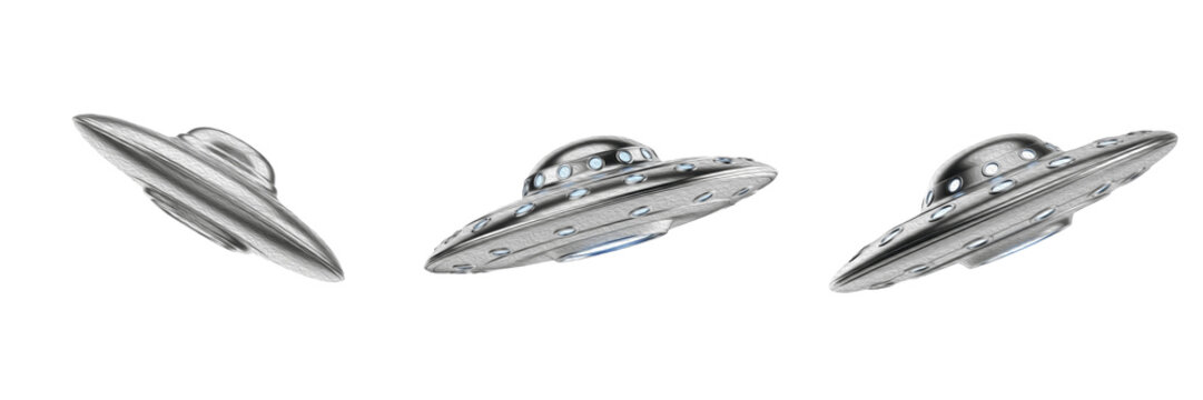 Collection of Futuristic Flying Saucers and UFOs Hovering in the Sky Representing Extraterrestrial Technology, Sci-Fi Spacecraft and Alien Encounters isolated on transparent PNG background