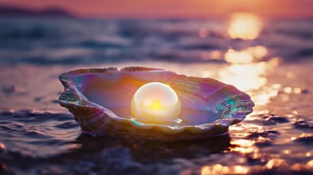 A luminous pearl resting within an iridescent seashell on a tranquil beach at sunset, reflecting the golden glow of the evening sky, symbolizing purity and hidden beauty