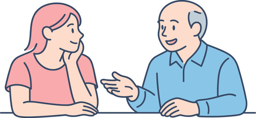 Fototapeta premium Family Bonding Scene. Two family members talk calmly while spending relaxed quality time together Minimalist flat line vector