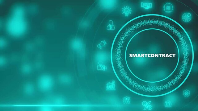 Digital smart contract concept with glowing icons and text on a teal gradient background cryptocurrency