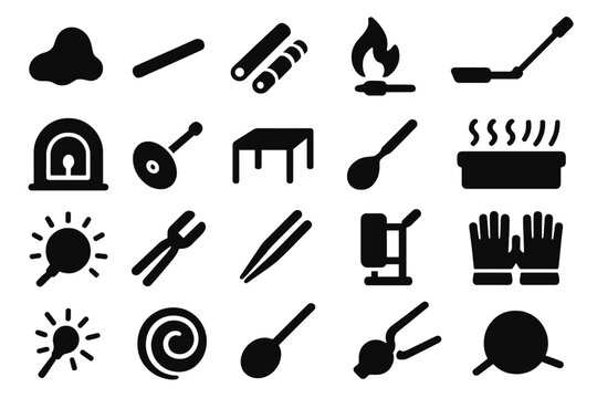 Glass Art Tools. Solid style icons of Glass Artist Murrine: molten glass, glass rod, color cane, torch flame, glassblower pipe,