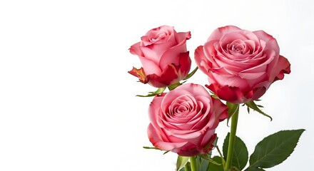 Fototapeta premium Cluster of Soft Pink Roses in Full Bloom with Glossy Green Leaves on Bright White Background