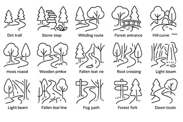 Fototapeta premium Woodland Path Icons. Line style icons of woodland paths: dirt trail, stone step, leaf path, bridge crossing, moss road, winding