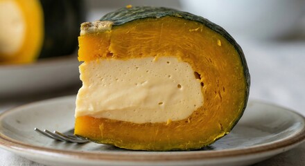 Thai pumpkin custard dessert Sangkhaya Fak Thong slice steamed sweet