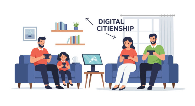 Family using digital devices at home with digital citizenship concept.