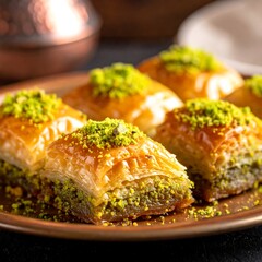 Delicious Baklava Pastries with Pistachios on a Plate.