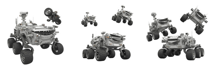 Collection of Advanced Mars Rover Exploration Vehicle for Planetary Research, Space Missions and Robotic Science Technology isolated on transparent PNG background
