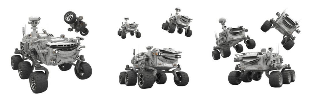 Collection of Advanced Mars Rover Exploration Vehicle for Planetary Research, Space Missions and Robotic Science Technology isolated on transparent PNG background