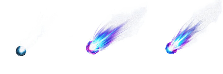 Collection of Dramatic Comet or Meteor Entry with Fiery Atmospheric Burn Representing Cosmic Motion, Astronomy Events and Deep Space Phenomena isolated on transparent PNG background © fixa