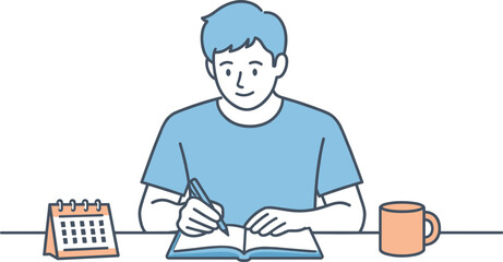 Minimalist Day Planning. Man sits at a table checking a notebook while planning his day quietly Minimalist flat line vector