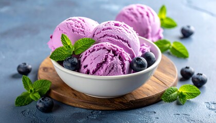 Delicious Blueberry Ice Cream with Mint and Fresh Blueberries.