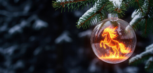 Year of the horse 2026 concept. Ornament ball with fiery blazing horse inside hanging on a snow powdered fir tree branch in a dark winter forest.