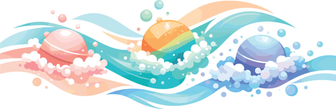 Soothing Bath Bomb Art. Abstract wellness scene expressed through dissolving bath bomb spheres and flowing water curves, modern