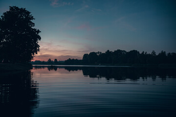 sunset reflection on the water around the trees